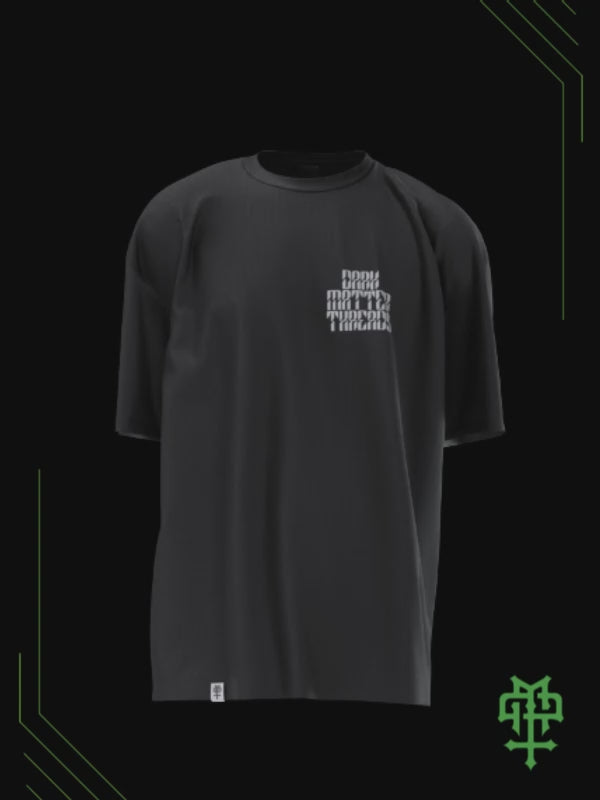 360° rotating 3D render of the Dark Matter Threads Trapped in Reality unisex 100% cotton t-shirt.