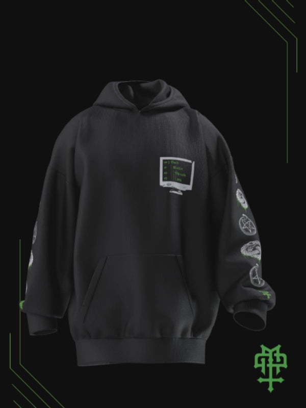 360° rotating 3D render of the Dark Matter Threads Knowledge unisex hoodie in black showing full design details.