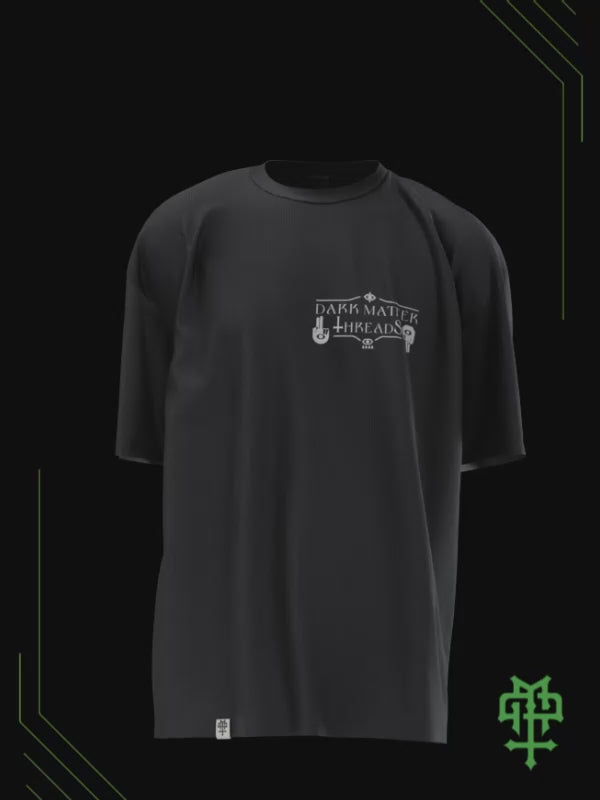 360 degree rotating video of dark matter threads as above so below shirt in black. Streetwear fit dark matter tracks collaborative release with substance
