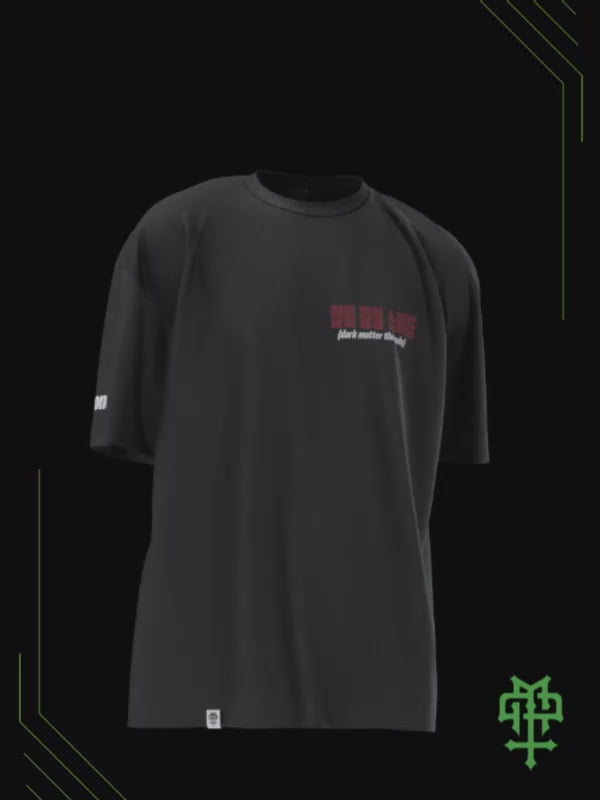 360° rotating view of the Dark Matter Threads Dark Matter Tracks black unisex t-shirt featuring graphic artwork, Ponda Dark Matter Tracks release. 