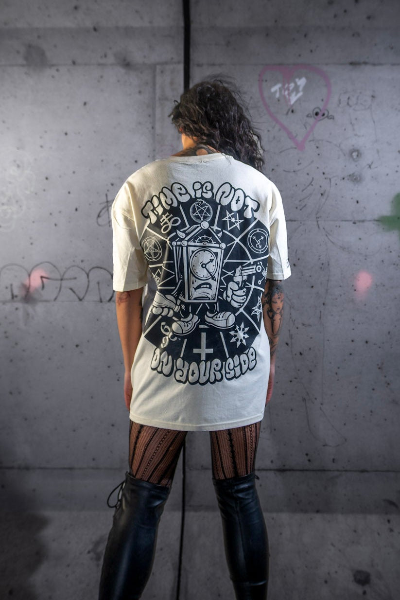 Female model back view wearing the Dark Matter Threads Time unisex t-shirt featuring back graphic artwork, 100% cotton.